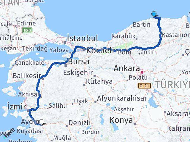 Kastamonu Doğanyurt Aydın Arası Kaç Km - Yol Haritası