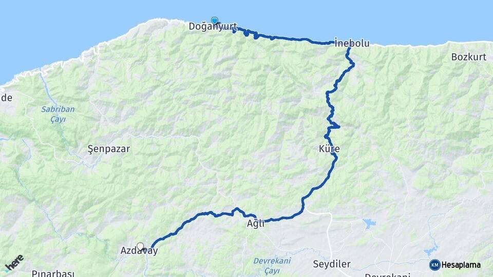 Kastamonu Doğanyurt Azdavay Arası Kaç Km - Yol Haritası