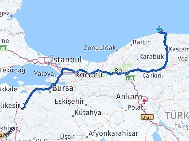 Kastamonu Doğanyurt Balıkesir Arası Kaç Km - Yol Haritası