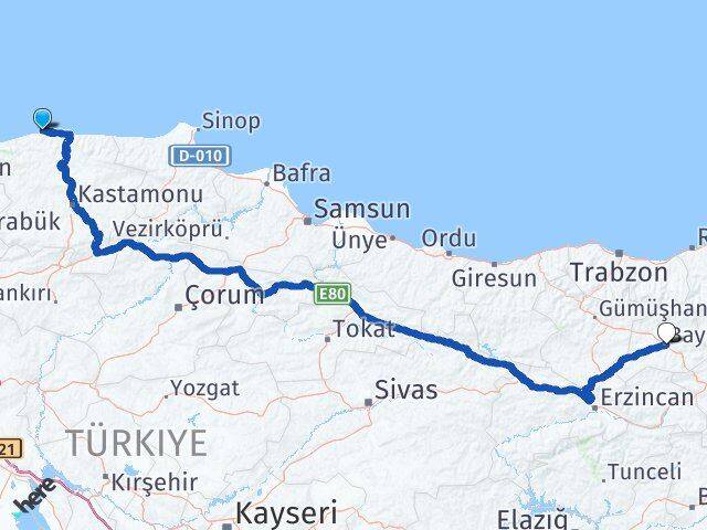 Kastamonu Doğanyurt Bayburt Arası Kaç Km - Yol Haritası