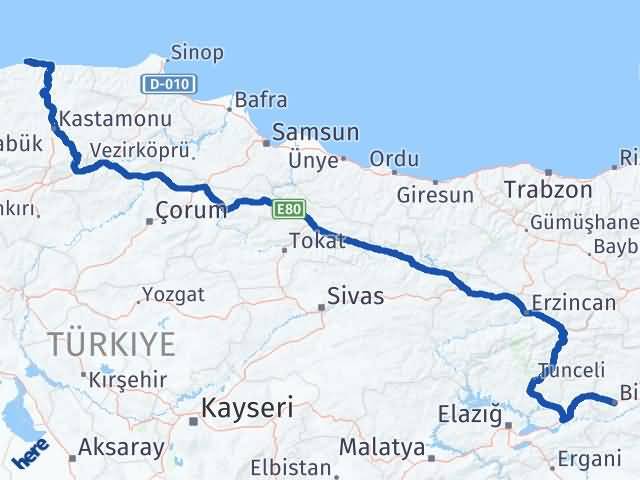 Kastamonu Doğanyurt Bingöl Arası Kaç Km - Yol Haritası