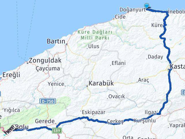 Kastamonu Doğanyurt Bolu Arası Kaç Km - Yol Haritası