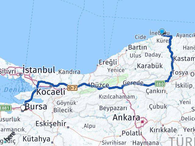 Kastamonu Doğanyurt Bursa Arası Kaç Km - Yol Haritası