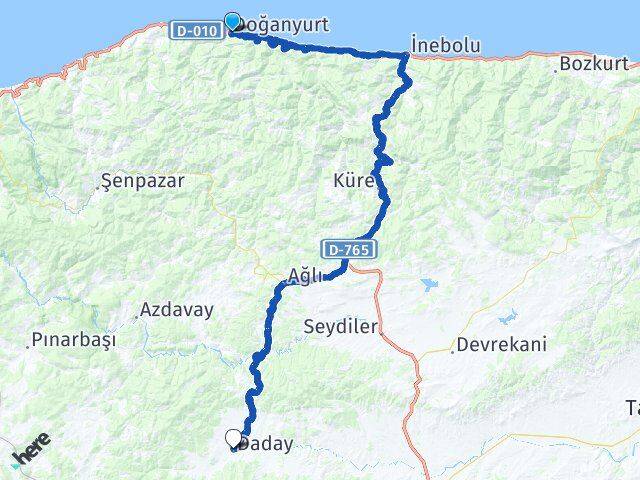 Kastamonu Doğanyurt Daday Arası Kaç Km - Yol Haritası