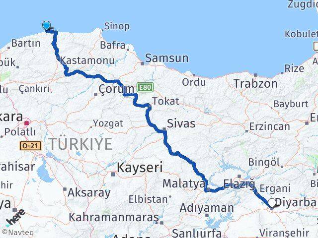 Kastamonu Doğanyurt Diyarbakır Arası Kaç Km - Yol Haritası