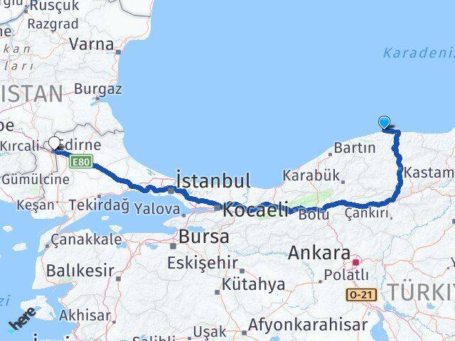 Kastamonu Doğanyurt Edirne Arası Kaç Km - Yol Haritası