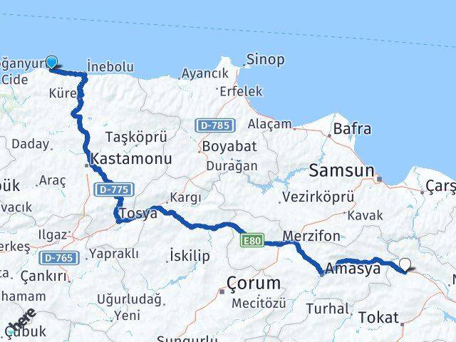Kastamonu Doğanyurt Erbaa Tokat Arası Kaç Km - Yol Haritası