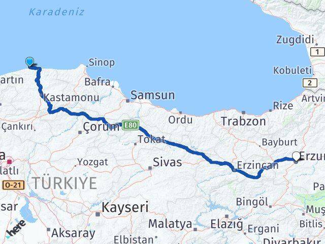 Kastamonu Doğanyurt Erzurum Arası Kaç Km - Yol Haritası