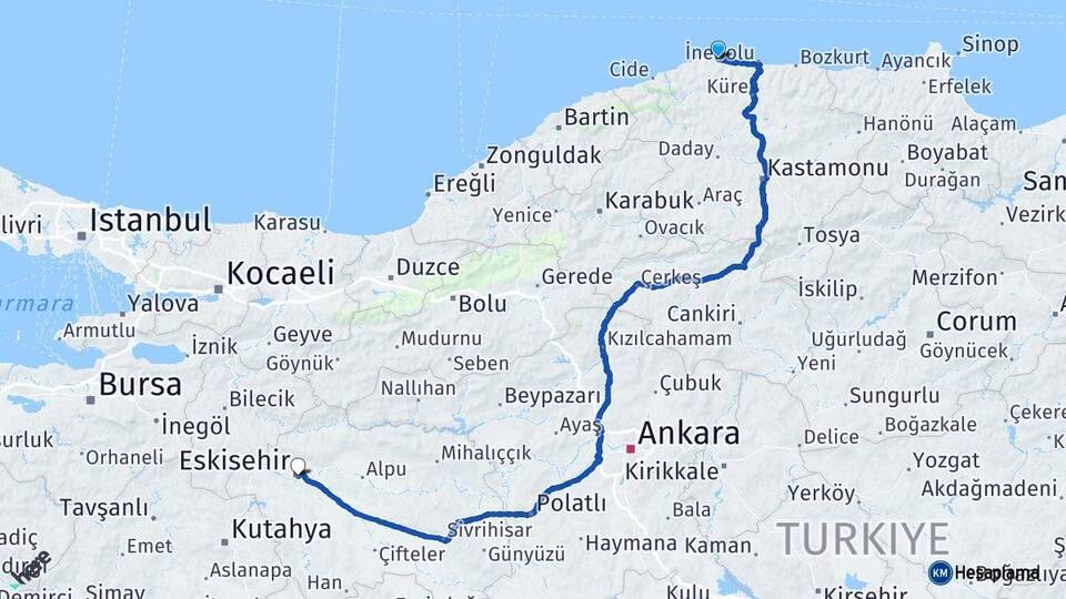 Kastamonu Doğanyurt Eskişehir Arası Kaç Km - Yol Haritası