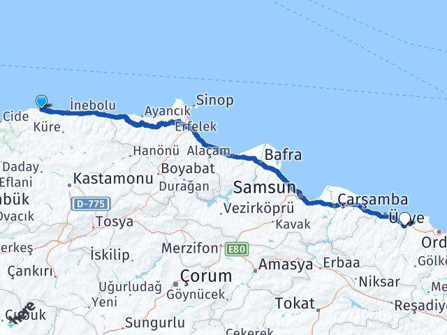 Kastamonu Doğanyurt Fatsa Ordu Arası Kaç Km - Yol Haritası