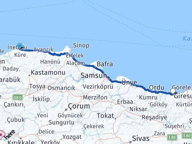 Kastamonu Doğanyurt Giresun Arası Kaç Km - Yol Haritası