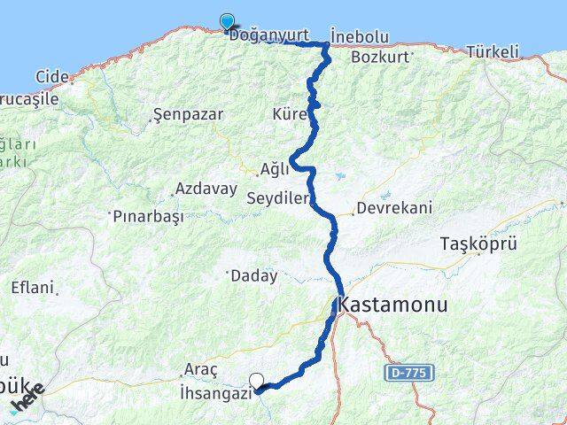 Kastamonu Doğanyurt İhsangazi Arası Kaç Km - Yol Haritası