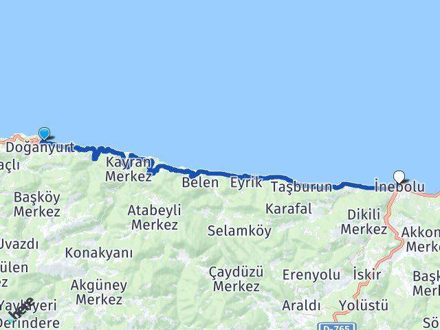 Kastamonu Doğanyurt İnebolu Arası Kaç Km - Yol Haritası
