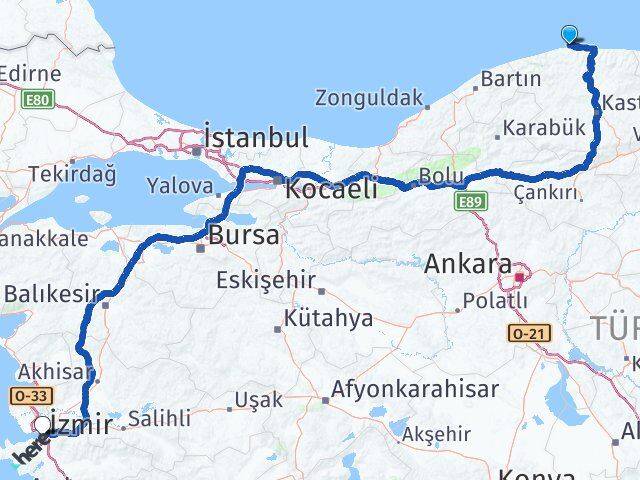 Kastamonu Doğanyurt İzmir Arası Kaç Km - Yol Haritası