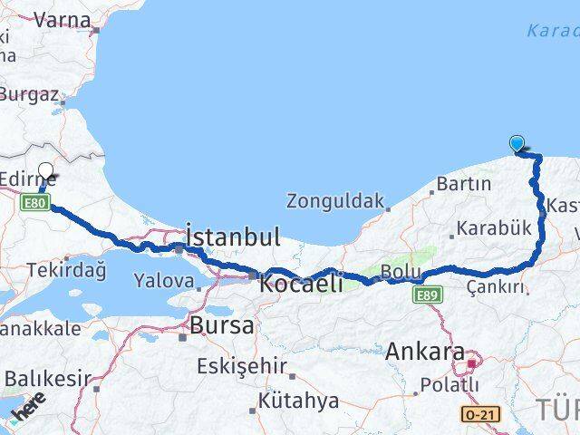 Kastamonu Doğanyurt Kırklareli Arası Kaç Km - Yol Haritası