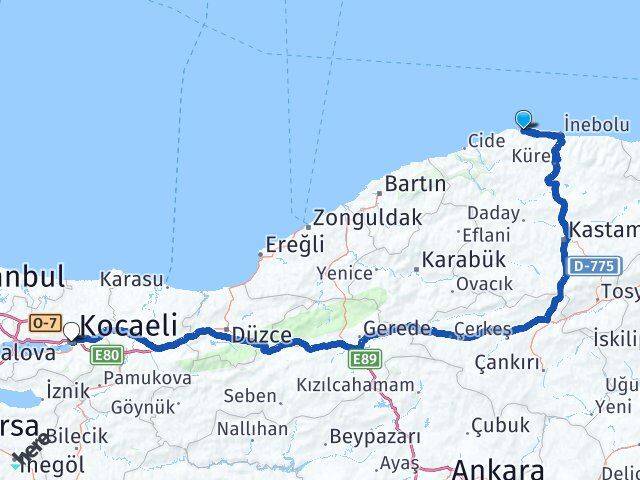 Kastamonu Doğanyurt Kocaeli Arası Kaç Km - Yol Haritası