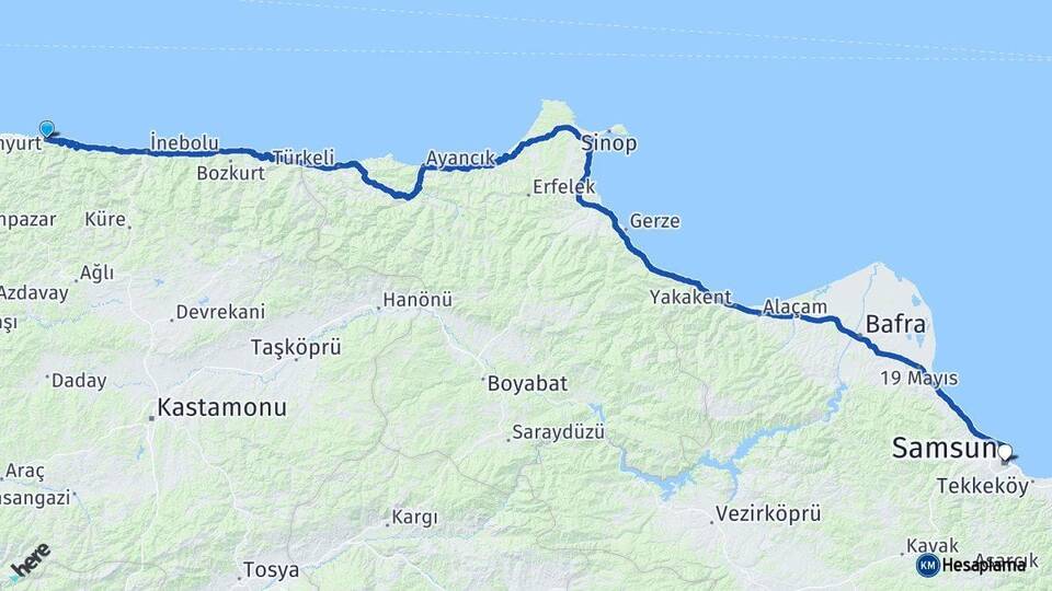 Kastamonu Doğanyurt Samsun Arası Kaç Km - Yol Haritası
