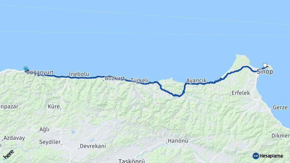 Kastamonu Doğanyurt Sinop Arası Kaç Km - Yol Haritası