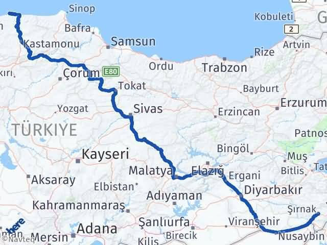 Kastamonu Doğanyurt Şırnak Arası Kaç Km - Yol Haritası