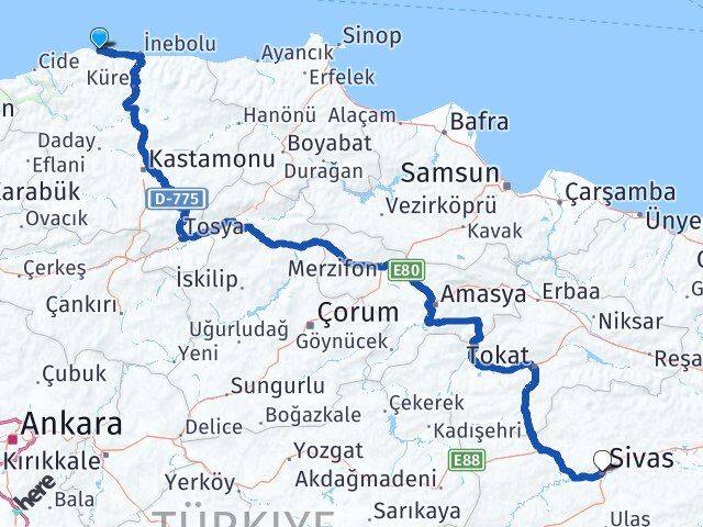 Kastamonu Doğanyurt Sivas Arası Kaç Km - Yol Haritası