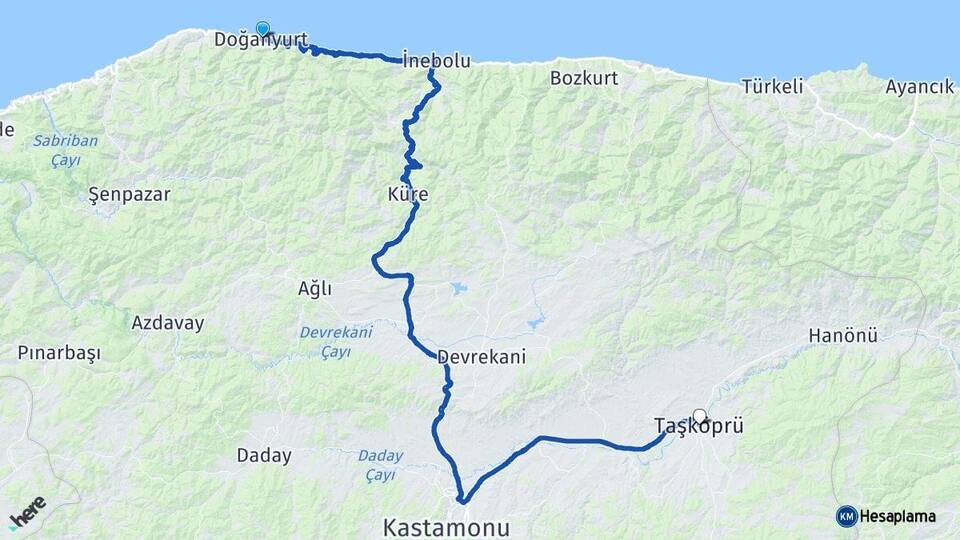 Kastamonu Doğanyurt Taşköprü Arası Kaç Km - Yol Haritası