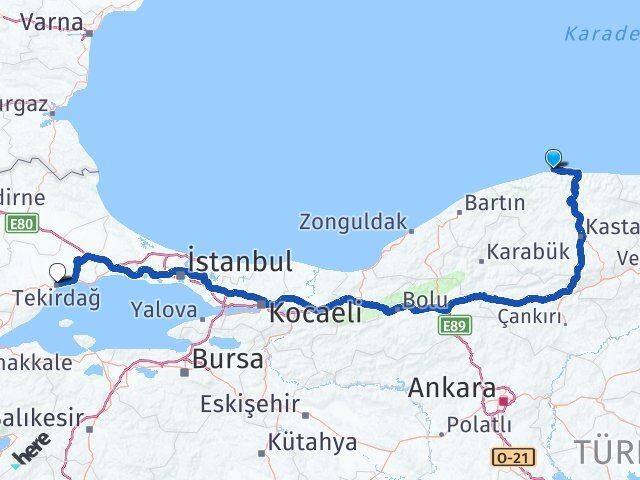 Kastamonu Doğanyurt Tekirdağ Arası Kaç Km - Yol Haritası