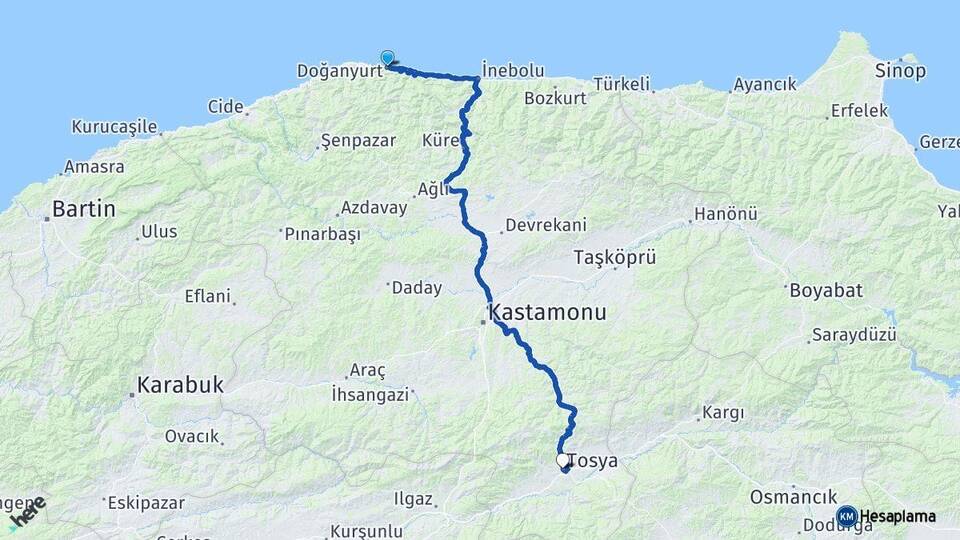 Kastamonu Doğanyurt Tosya Arası Kaç Km - Yol Haritası