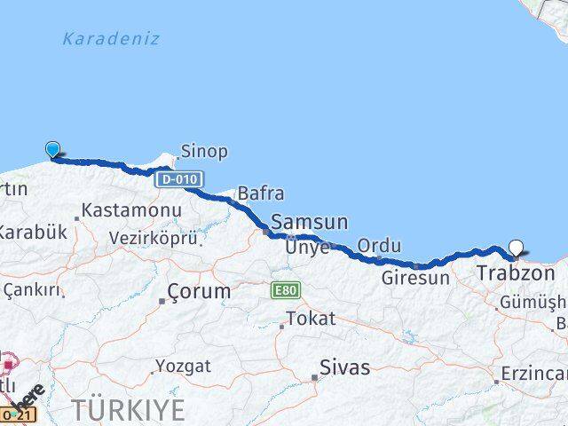 Kastamonu Doğanyurt Trabzon Arası Kaç Km - Yol Haritası