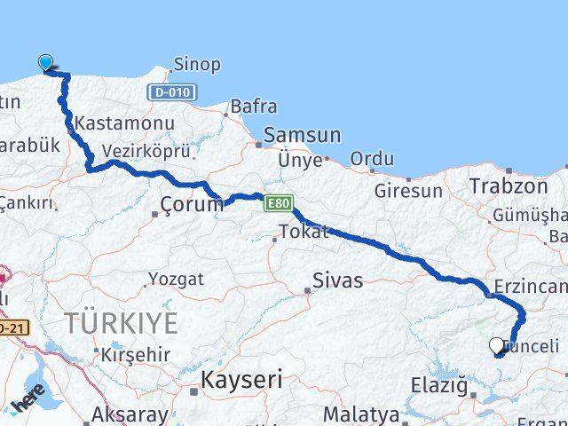 Kastamonu Doğanyurt Tunceli Arası Kaç Km - Yol Haritası