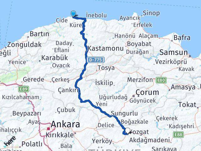 Kastamonu Doğanyurt Yozgat Arası Kaç Km - Yol Haritası
