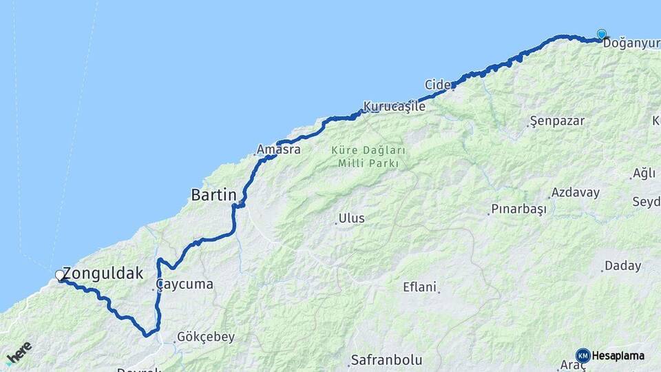Kastamonu Doğanyurt Zonguldak Arası Kaç Km - Yol Haritası