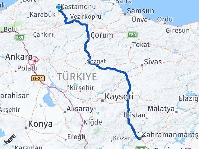 Kastamonu Dulkadiroğlu Kahramanmaraş Arası Kaç Km - Yol Haritası