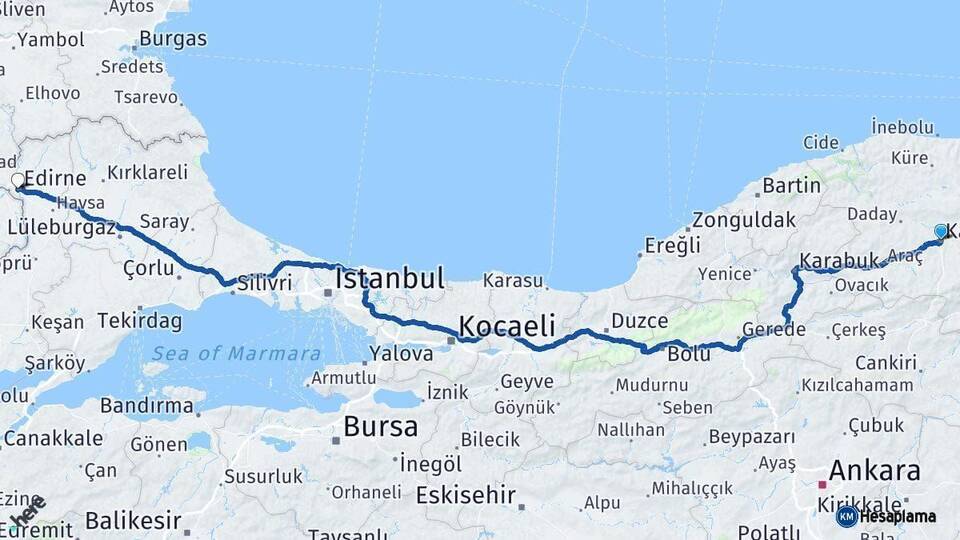 Kastamonu Edirne Arası Kaç Km - Yol Haritası