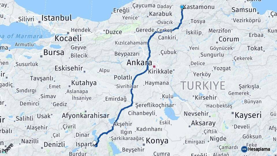 Kastamonu Eğirdir Isparta Arası Kaç Km - Yol Haritası