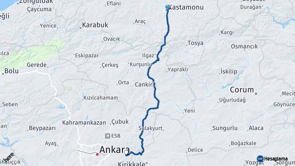 Kastamonu Elmadağ Ankara Arası Kaç Km - Yol Haritası