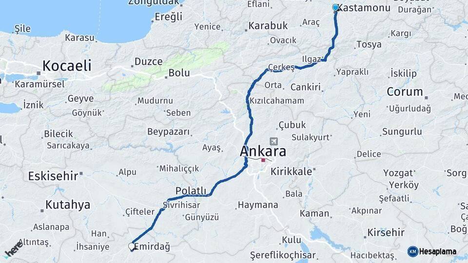 Kastamonu Emirdağ Afyonkarahisar Arası Kaç Km - Yol Haritası