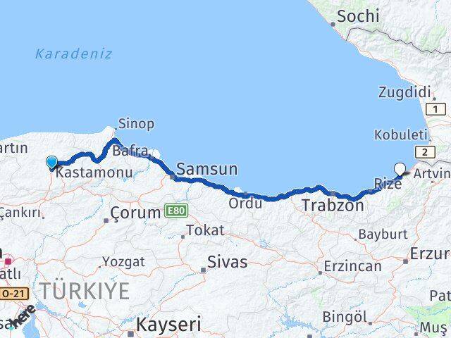 Kastamonu Fındıklı Rize Arası Kaç Km - Yol Haritası