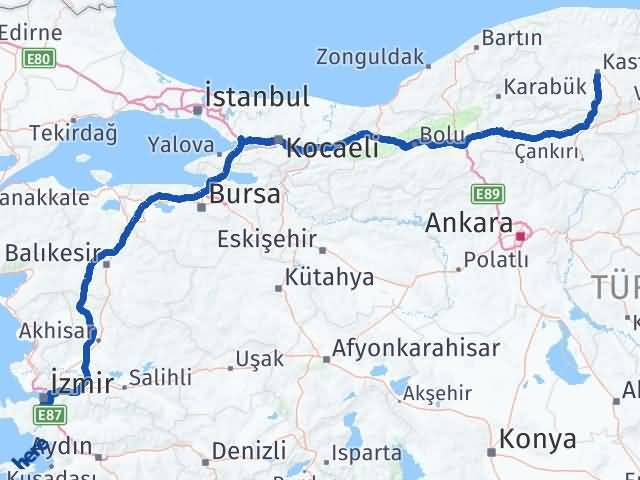 Kastamonu Gaziemir İzmir Arası Kaç Km - Yol Haritası