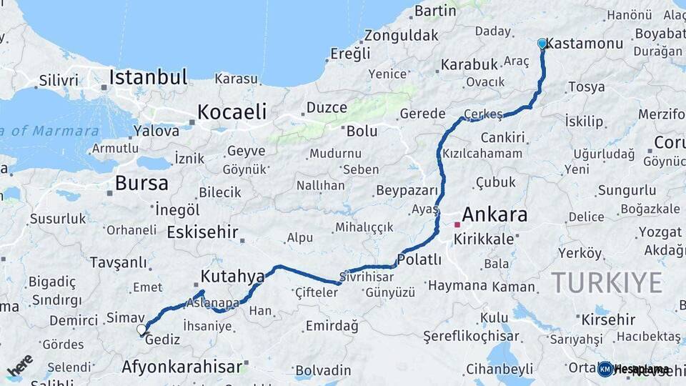 Kastamonu Gediz Kütahya Arası Kaç Km - Yol Haritası