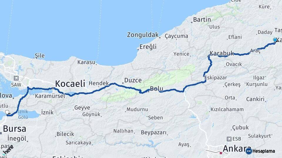 Kastamonu Gemlik Bursa Arası Kaç Km - Yol Haritası