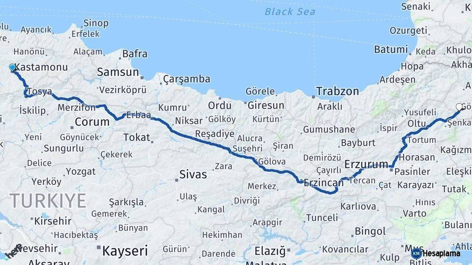 Kastamonu Göle Ardahan Arası Kaç Km - Yol Haritası