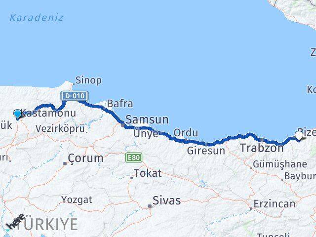 Kastamonu Güneysu Rize Arası Kaç Km - Yol Haritası