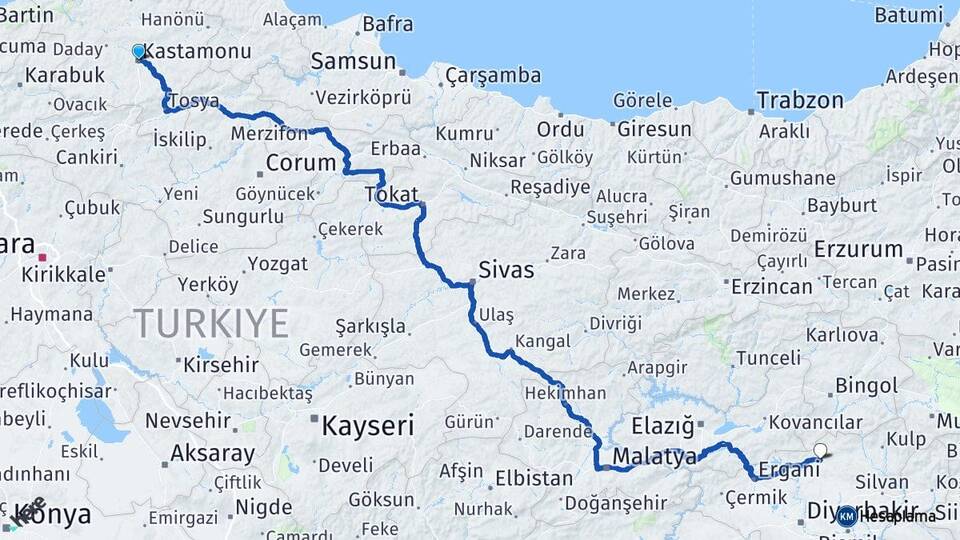 Kastamonu Hani Diyarbakır Arası Kaç Km - Yol Haritası