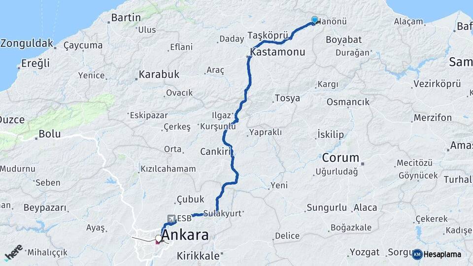 Kastamonu Hanönü Ankara Arası Kaç Km - Yol Haritası