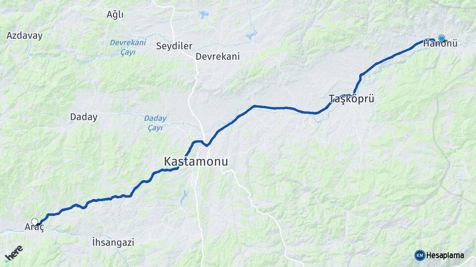 Kastamonu Hanönü Araç Arası Kaç Km - Yol Haritası
