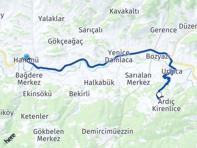 Kastamonu Hanönü Ardıç Boyabat Sinop Arası Kaç Km - Yol Haritası