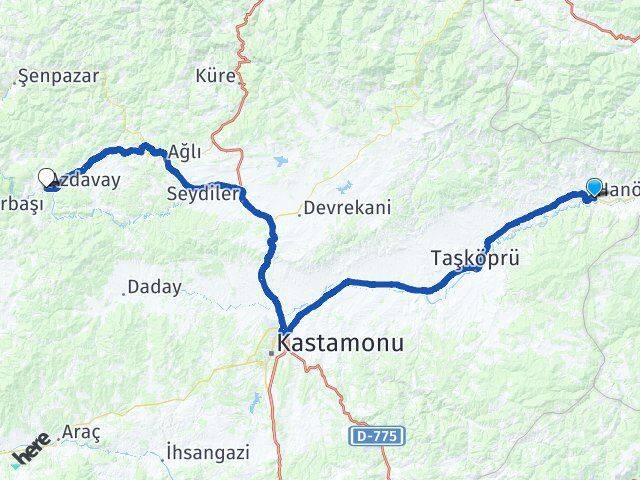 Kastamonu Hanönü Azdavay Arası Kaç Km - Yol Haritası