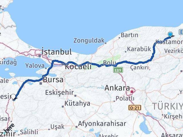 Kastamonu Hanönü Balıkesir Arası Kaç Km - Yol Haritası