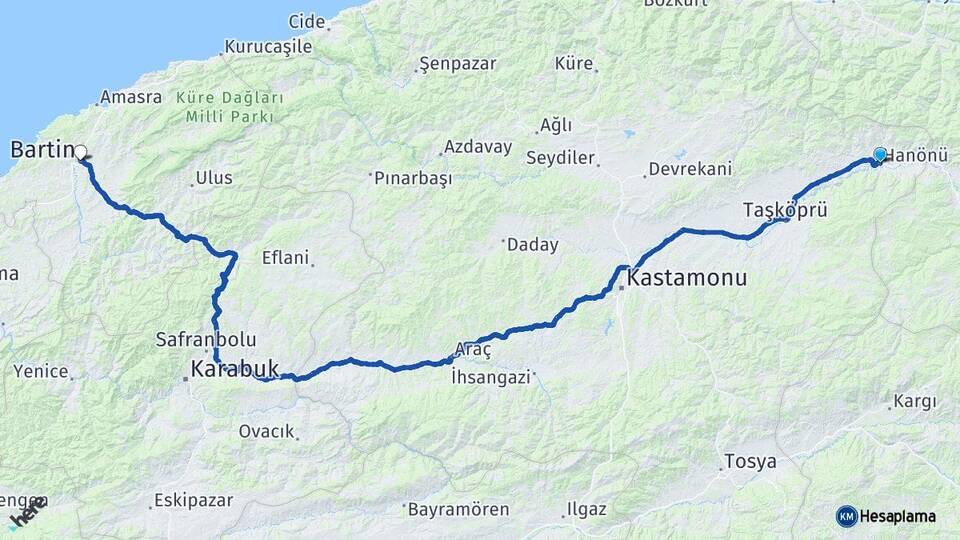 Kastamonu Hanönü Bartın Arası Kaç Km - Yol Haritası