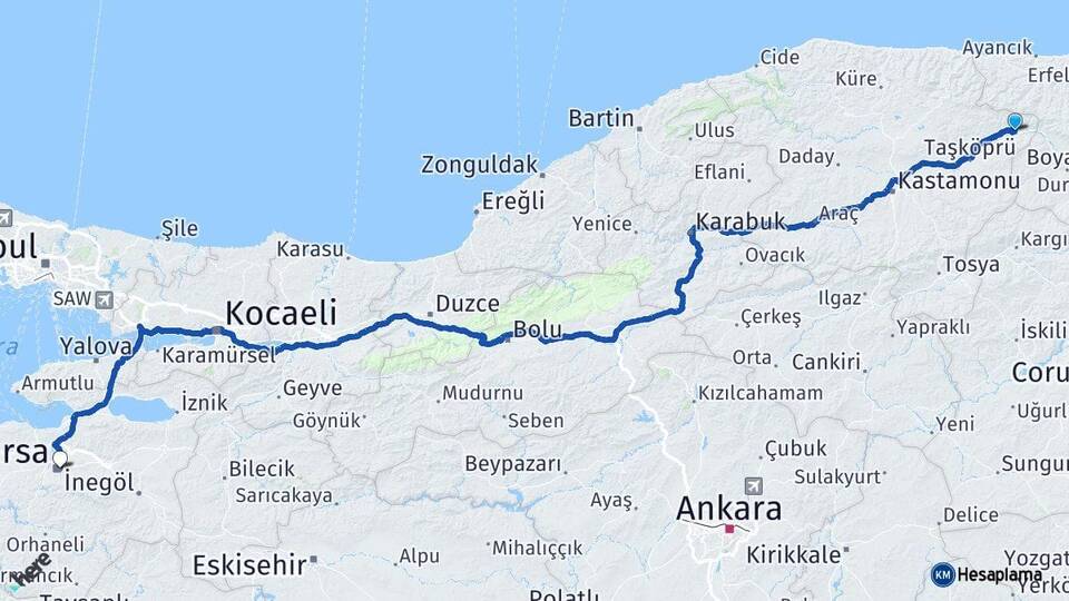 Kastamonu Hanönü Bursa Arası Kaç Km - Yol Haritası
